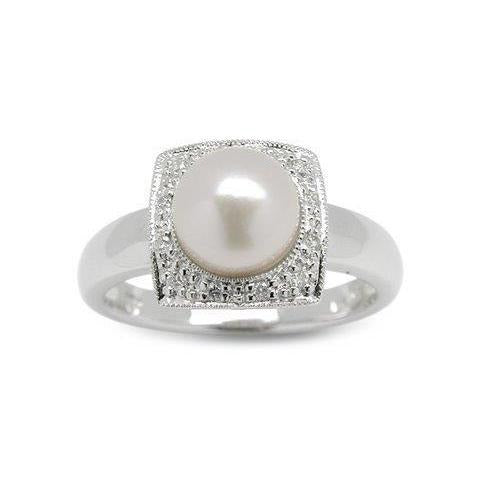 0.50 Round Cut 5 mm Real Pearl Diamond Engagement Ring White Gold 14K