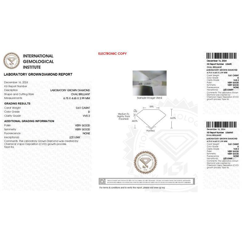 Lab Grown Diamond Oval D VVS2 0.61 carats IGI