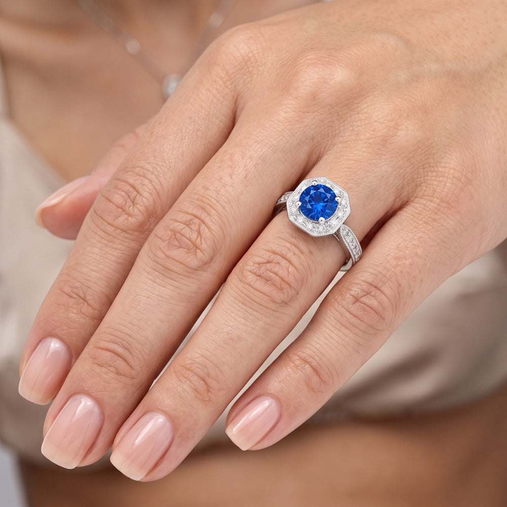 1.5 Ct Sapphire And Natural Earth Mined Diamond ( Not Lab Grown ) Wedding Ring 14K White Gold