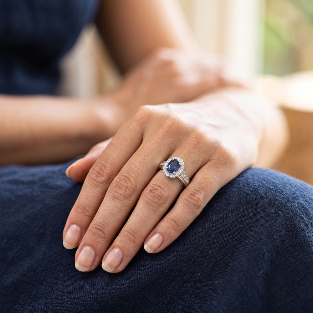1.80 Carat Sri Lankan Sapphire And Round Natural Earth Mined Diamond ( Not Lab Grown ) s Ring 14K White Gold