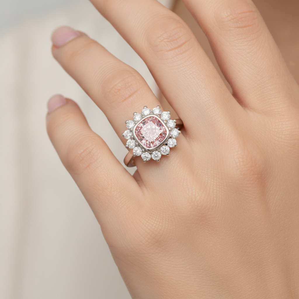 Pink Gem Engagement Ring 1 Carat Lab Grown Cushion Diamond Halo 14K White Gold
