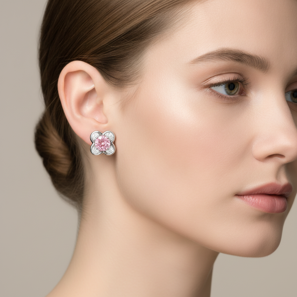 Pink Diamond Earrings 1 Carat Lab Grown Round Cluster 14K White Gold