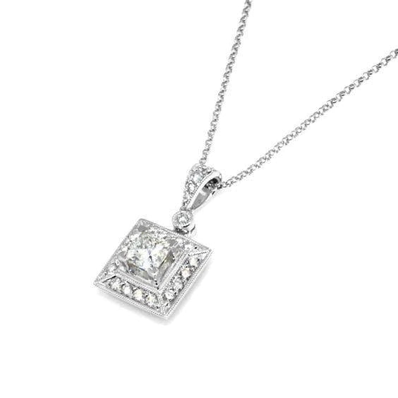 1.12 Ct Princess And Round Natural Diamond Necklace Pendant 14K White Gold