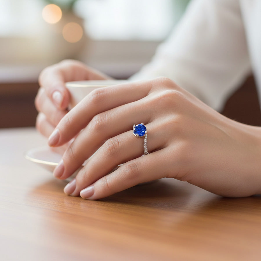 1.25 Ct Round Cut Ceylon Blue Sapphire Natural Earth Mined Diamond ( Not Lab Grown ) Ring