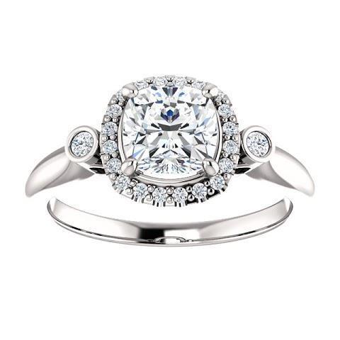 1.26 Ct Three Stone Center Cushion Halo Natural Diamond Ring 14K White Gold