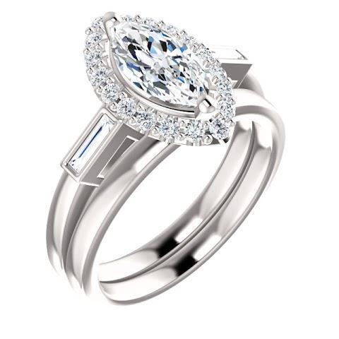 1.30 Carats Marquise Center Genuine Diamond Baguette Halo Engagement Ring