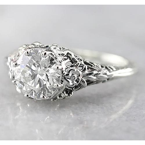 1.50 Carats Real Round Antique Style Engagement Ring White Gold