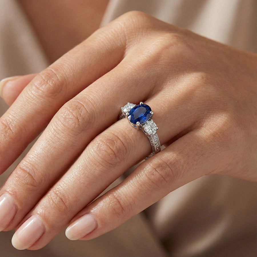 1.5 Ct Oval Sri Lanka Sapphire And Natural Earth Mined Diamond ( Not Lab Grown ) Three Stone Ring Gold 14K