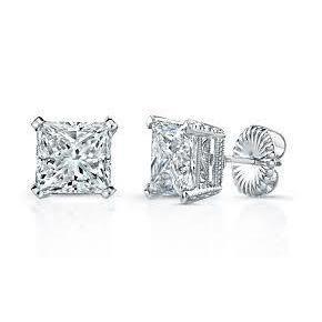1.5 Ct Prong Set Princess Cut Real Diamond Stud Earring 14K White Gold
