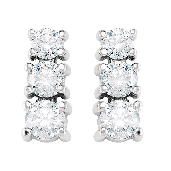 1.5 Ct Three-Stone Real Diamond Stud Earrings 14K White Gold