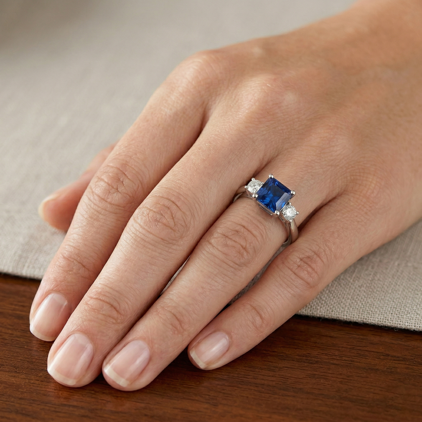 1.65 Ct Three Stone Ceylon Sapphire And Natural Earth Mined Diamond ( Not Lab Grown ) s Ring White Gold 14K