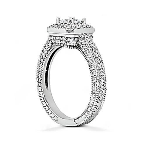 1.75 Carats Real Diamond Engagement Ring Pave Setting Milgrain