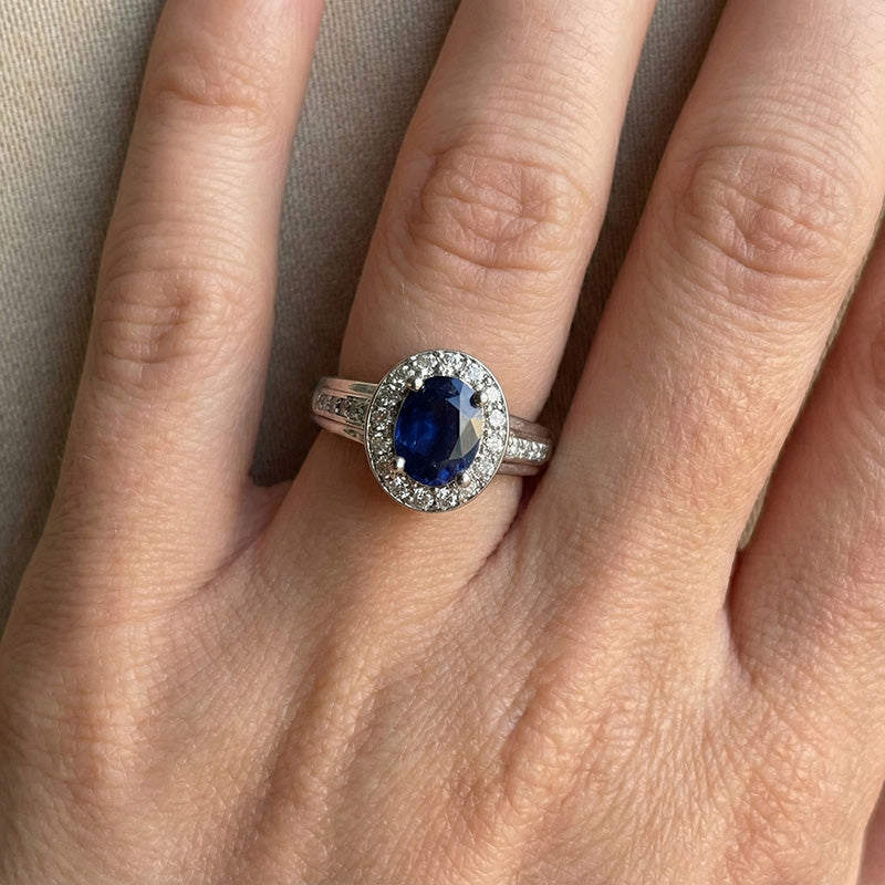 1.80 Carat Sri Lankan Sapphire And Round Natural Earth Mined Diamond ( Not Lab Grown ) s Ring 14K White Gold