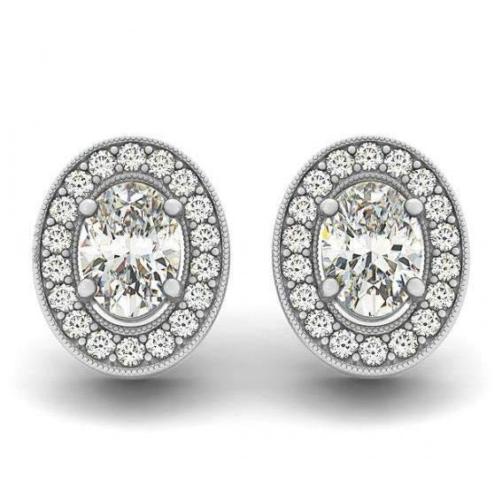 1.86 Carats Real Oval Diamonds Halo Studs Pair Earrings White Gold 14K - Halo Stud Earrings-harrychadent.ca