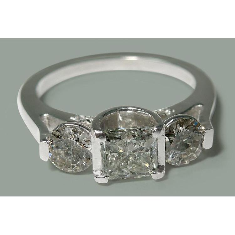 1.95 Carats Princess & Round Genuine Diamond Three Stone Style Ring White Gold