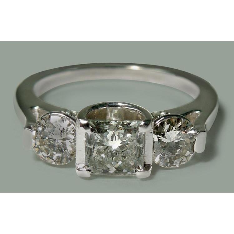 1.95 Carats Princess & Round Genuine Diamond Three Stone Style Ring White Gold