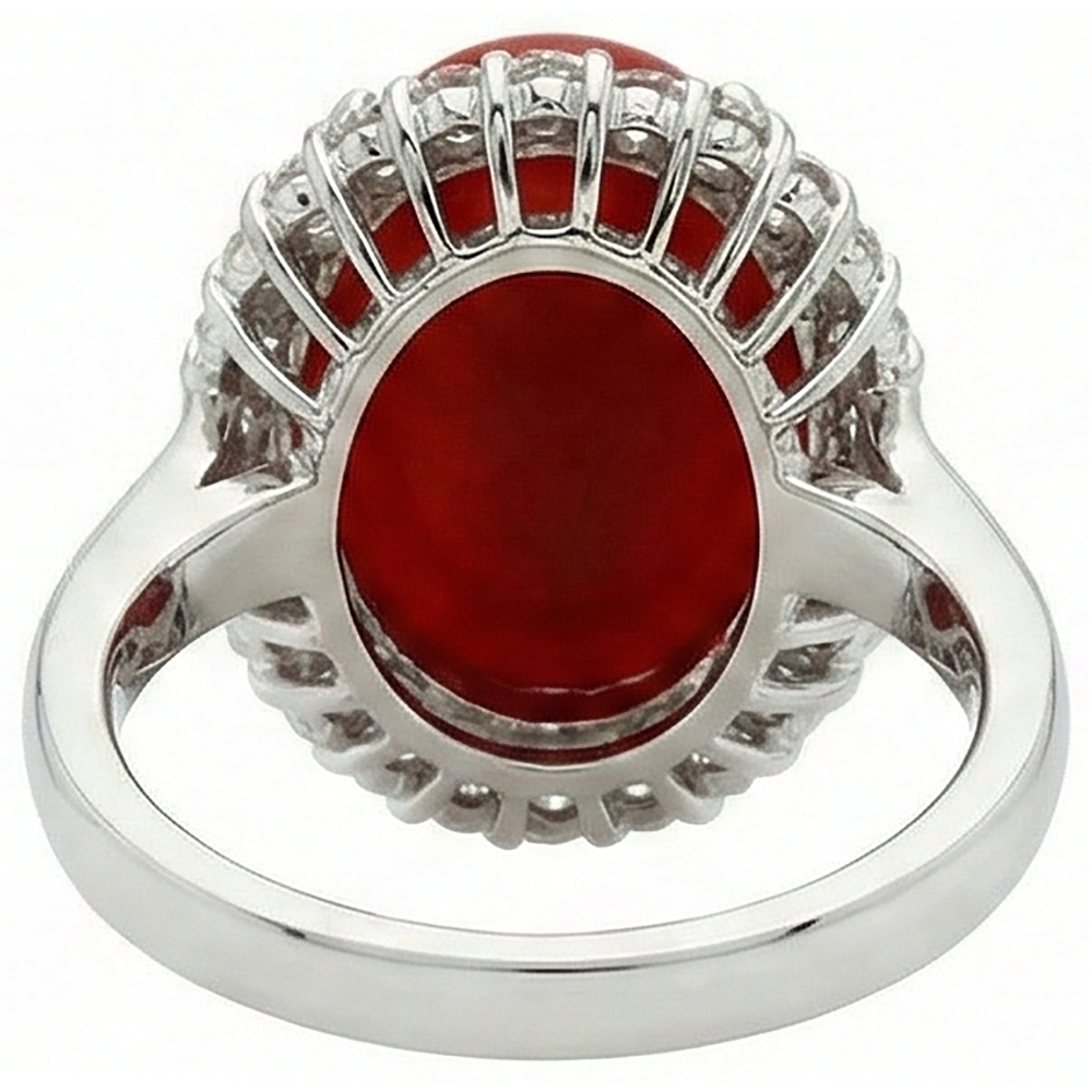 11.25 Ct Prong Set Red Coral With Natural Earth Mined Diamond ( Not Lab Grown )s Ring 14K White Gold