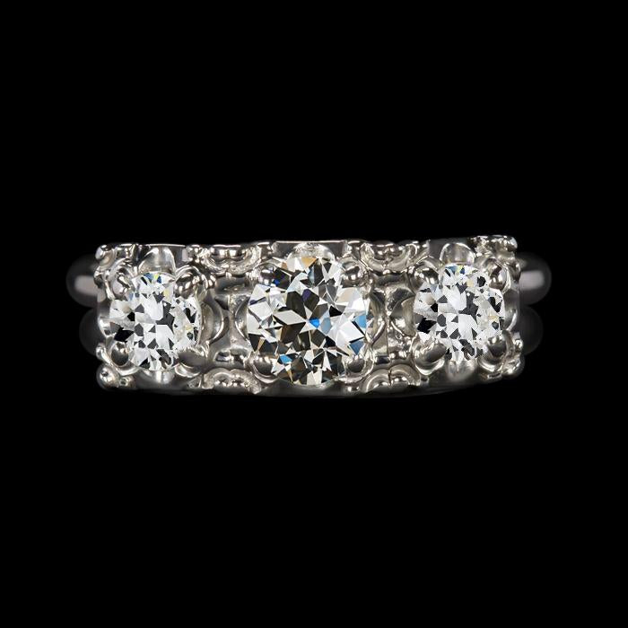 14K Gold 3 Stone Round Old Mine Cut Real Diamond Ring 3.50 Carats Jewelry
