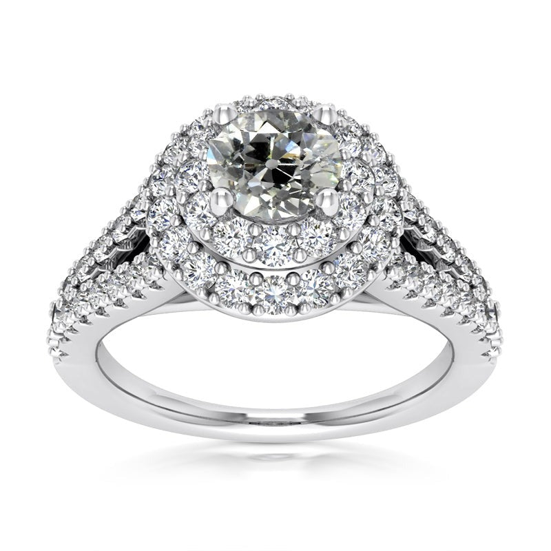 14K Gold Double Halo Round Genuine Old Mine Cut Diamond Ring 5.40 Carats