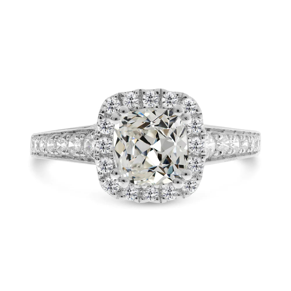 14K Gold Round & Cushion Old Mine Cut Real Diamond Halo Ring 8 Carats