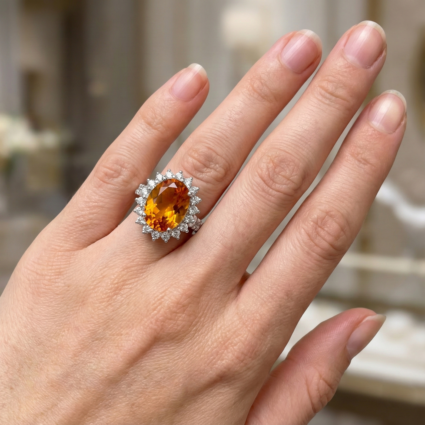 14K White Gold Madeira Citrine And Natural Earth Mined Diamond Ring 22.50 Carats Jewelry