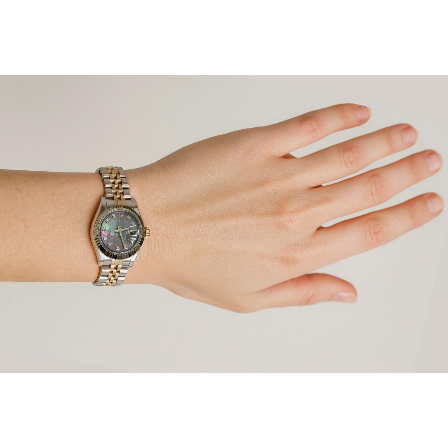 179173 Date-just Rolex 26mm Black Mother of Pearl Diamond Lady's Watch