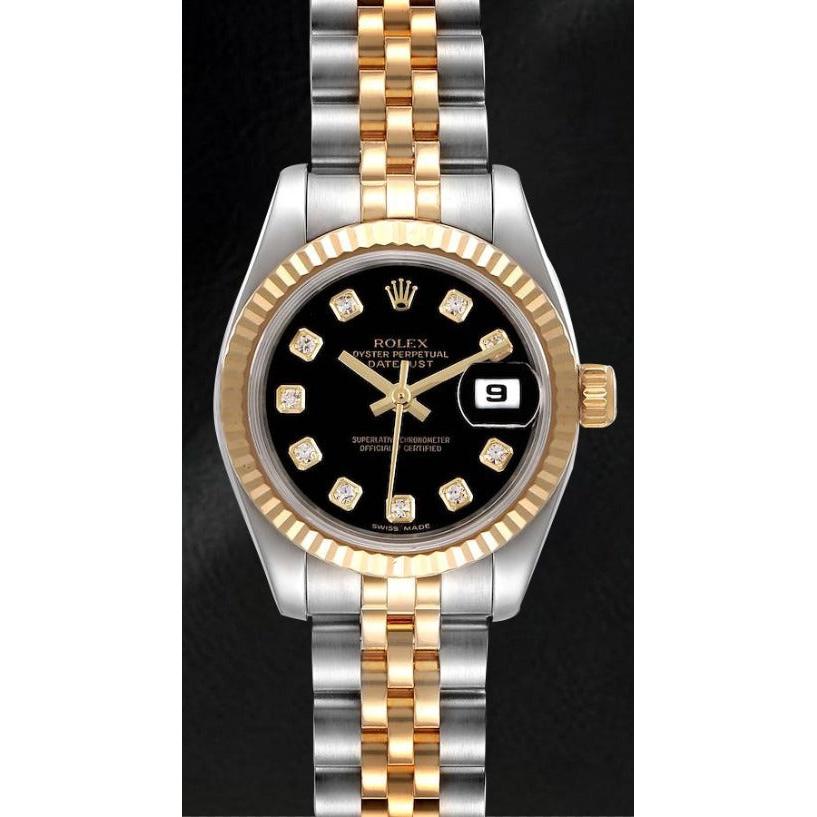 179173 Lady Rolex Datejust Black Diamond Dial Year 2012 Hidden Clasp