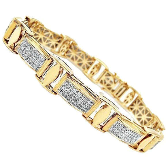 18 Ct Round Cut Pave Setting Real Diamond Men Bracelet Yellow Gold 14K