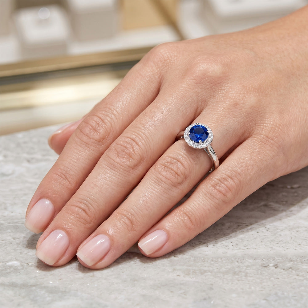 2.10 Carat Round Ceylon Blue Sapphire And Natural Earth Mined Diamond ( Not Lab Grown ) Ring White Gold 14K