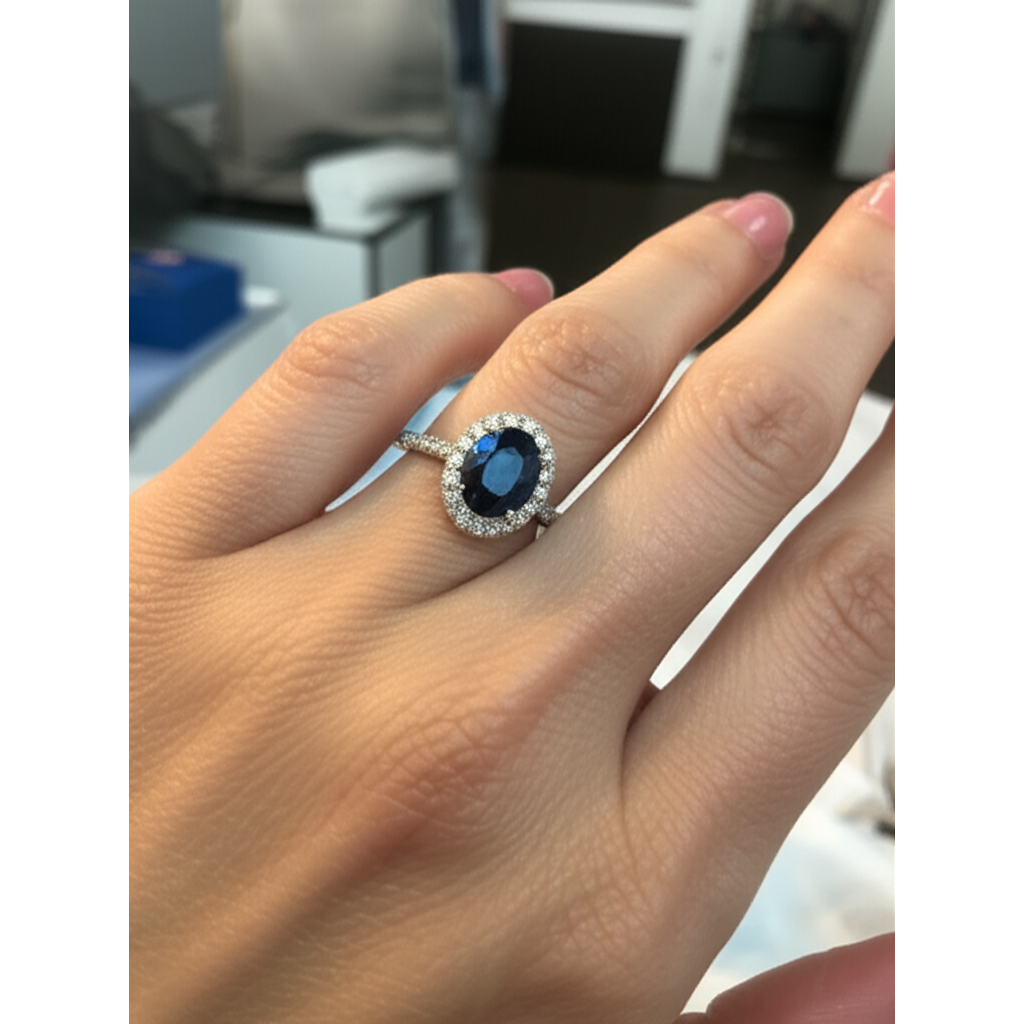 2.25 Carats Oval Blue Sapphire And Natural Earth Mined Diamond Wedding Ring White Gold 14K