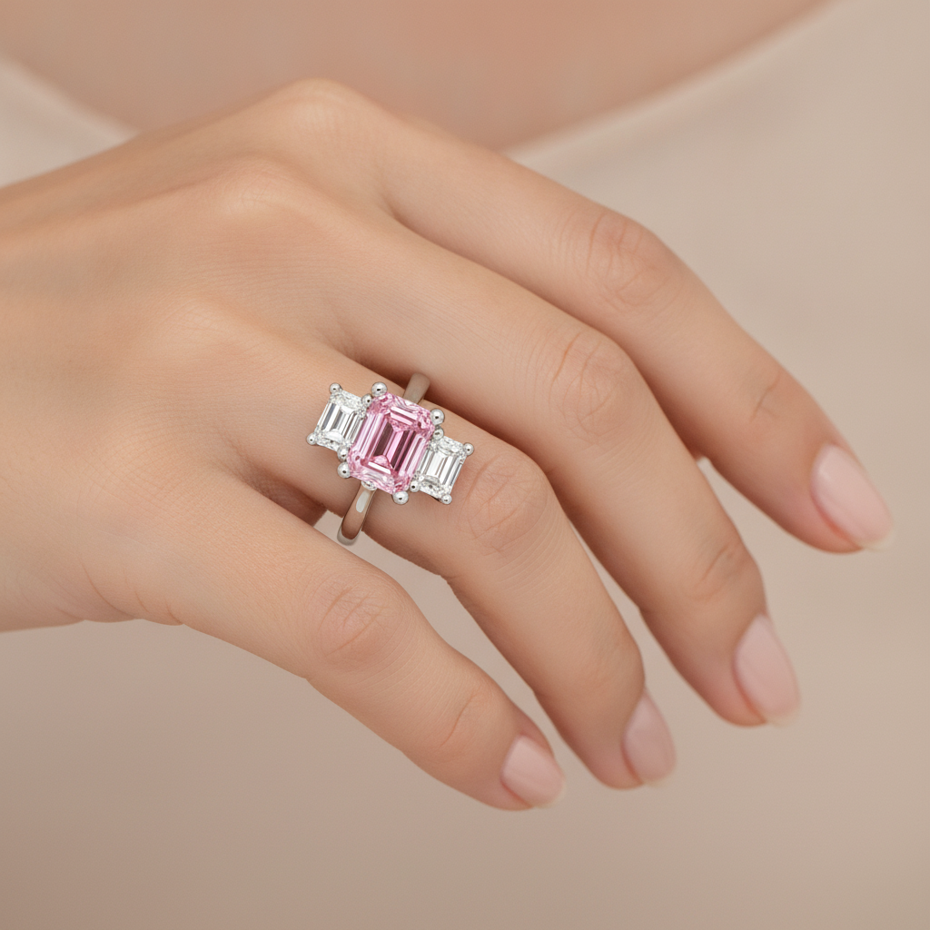 Pink Diamond Engagement Ring 2.5 Carat Lab Grown Emerald Three Stone Cathedral 14K White Gold