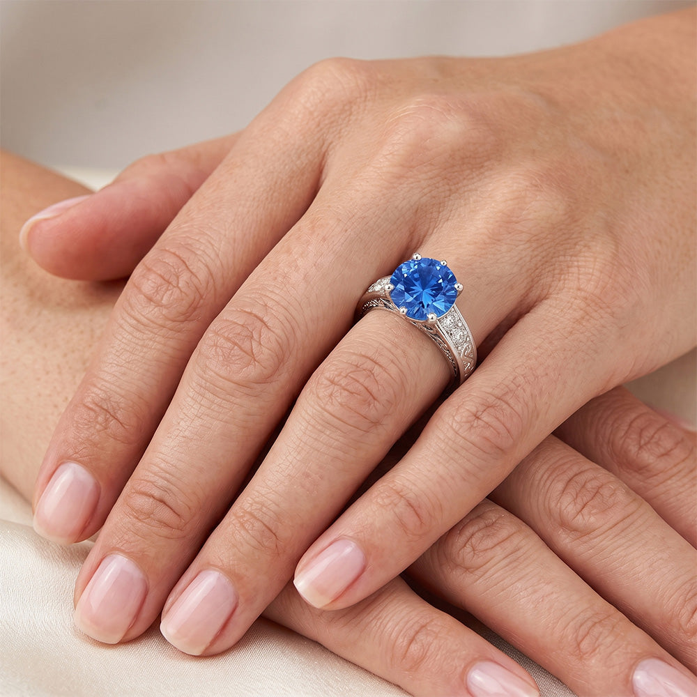 2.60 Carats Round Ceylon Sapphire Natural Earth Mined Diamond ( Not Lab Grown ) s Ring 14K White Gold