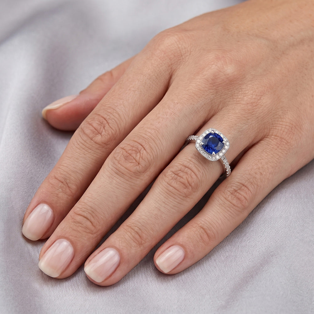 2.70 Ct Ceylon Sapphire & Natural Earth Mined Diamond ( Not Lab Grown ) s Halo Ring White Gold 14K