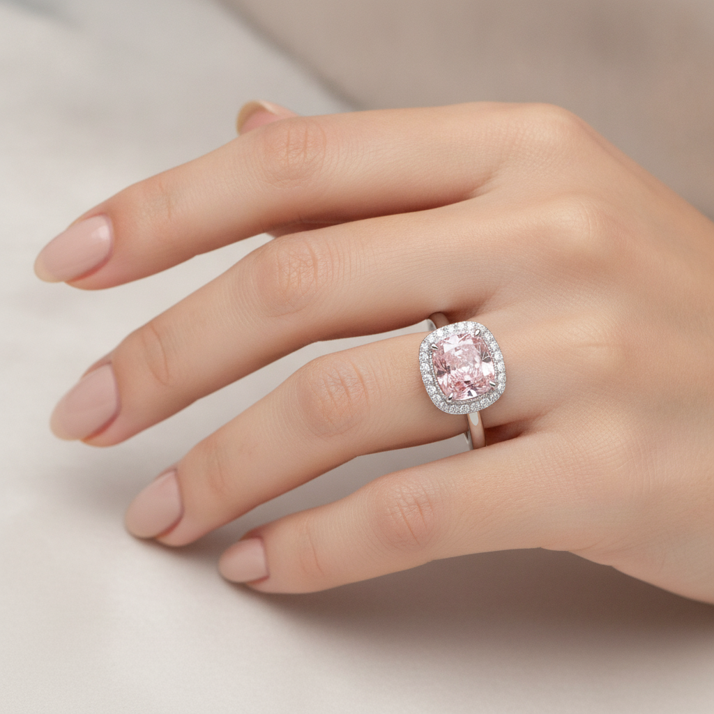 Pink Diamond Ring 2.75 Carat Lab Grown Cushion Halo 14K White Gold