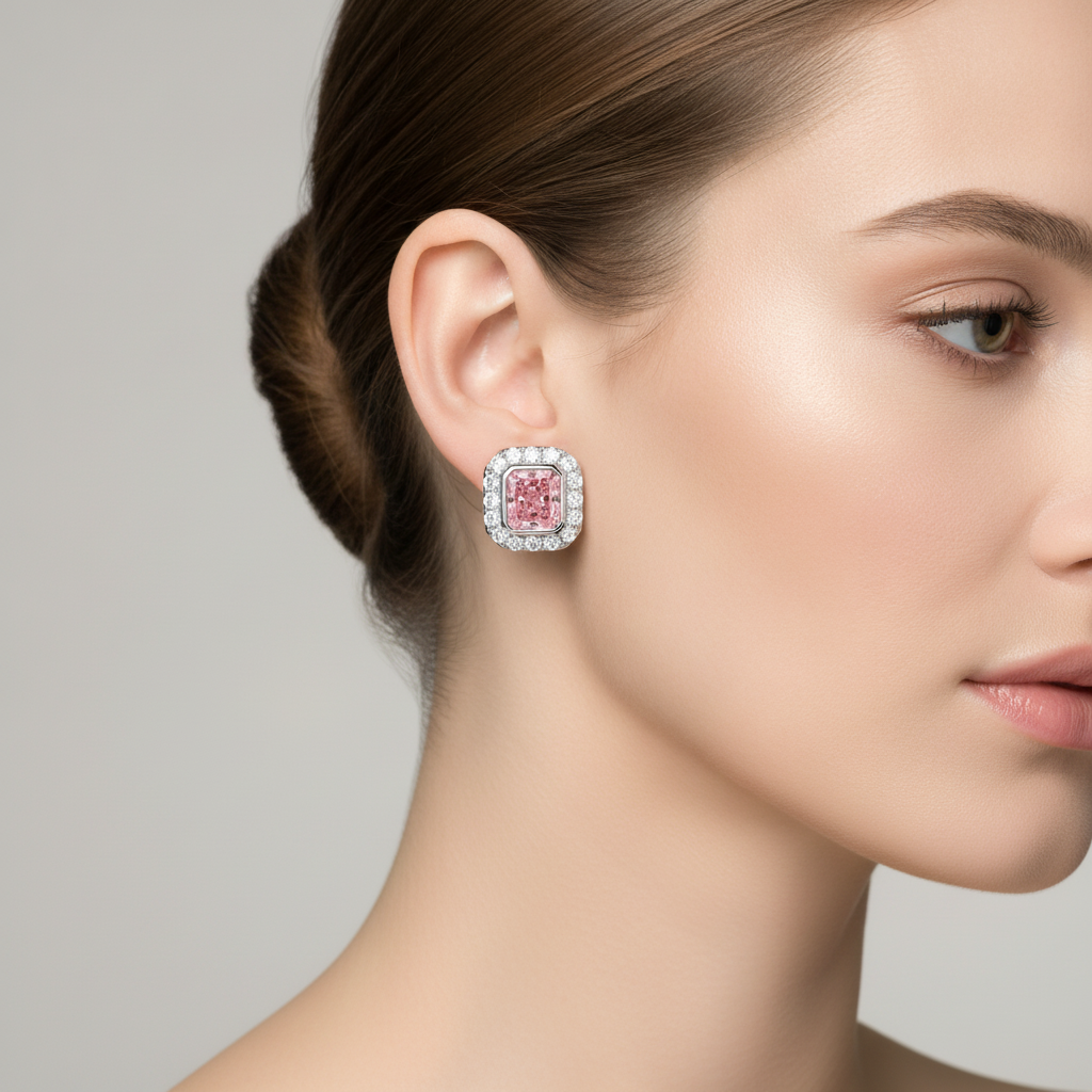 Pink Diamond Earrings 2 Carat Lab Grown Radiant Halo 14K White Gold