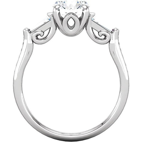 2.01 Ct Round And Baguette Real Diamond 3 Stone Engagement Ring White Gold