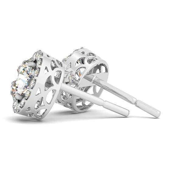 2.10 Carats D VVS1 Round Genuine Diamonds White Gold 14K Studs Pair Halo