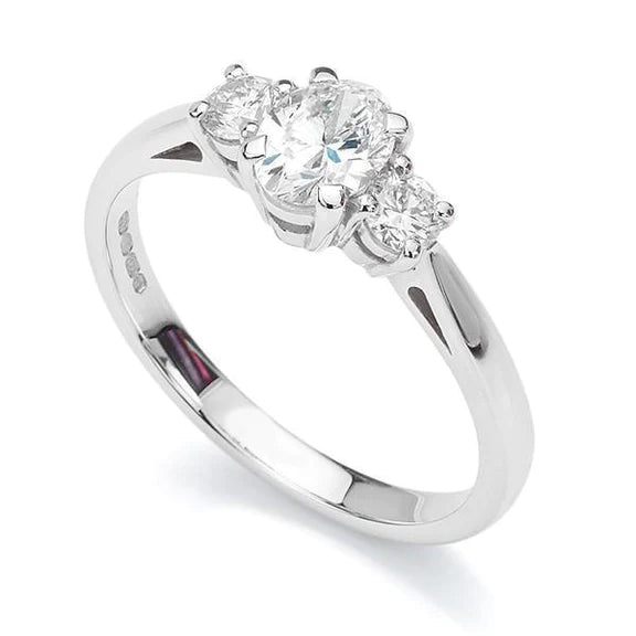 2.30 Carats Oval And Round 3 Stone Genuine Diamond Ring White Gold 14K