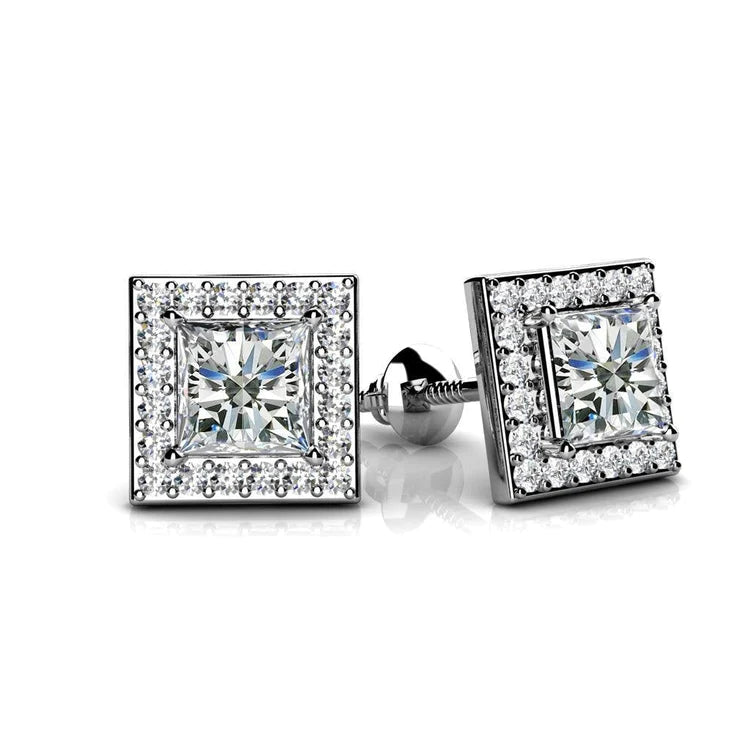 2.40 Ct Princess & Round Cut Halo Real Diamond Stud Earring 14K White Gold