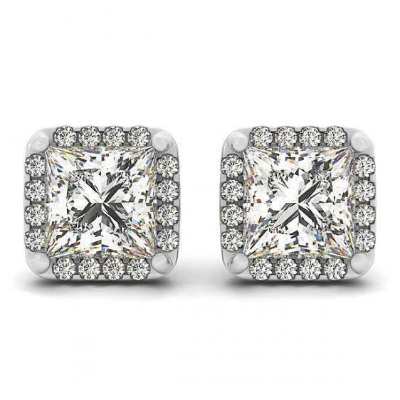 2.50 Carats Princess Center Real Diamond Studs Earrings Halo White Gold 14K