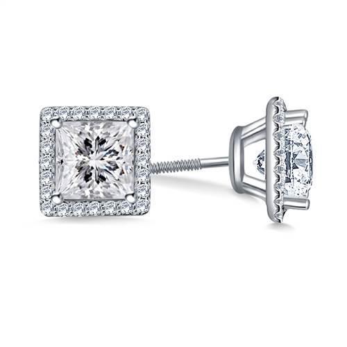 2.5 Ct Princess Halo Real Diamond Stud Earring 14K White Gold