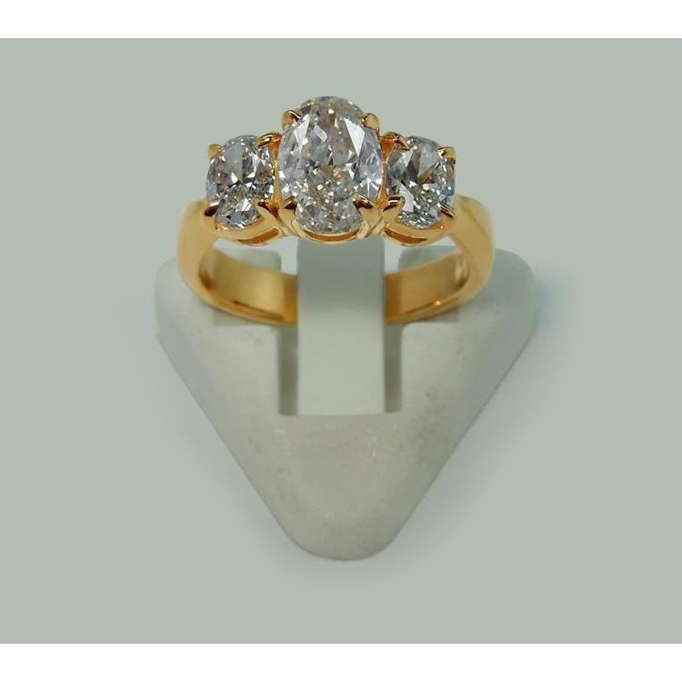 2.81 Cts. Oval Real Diamonds Three Stone Engagement Ring Yellow Gold 14K