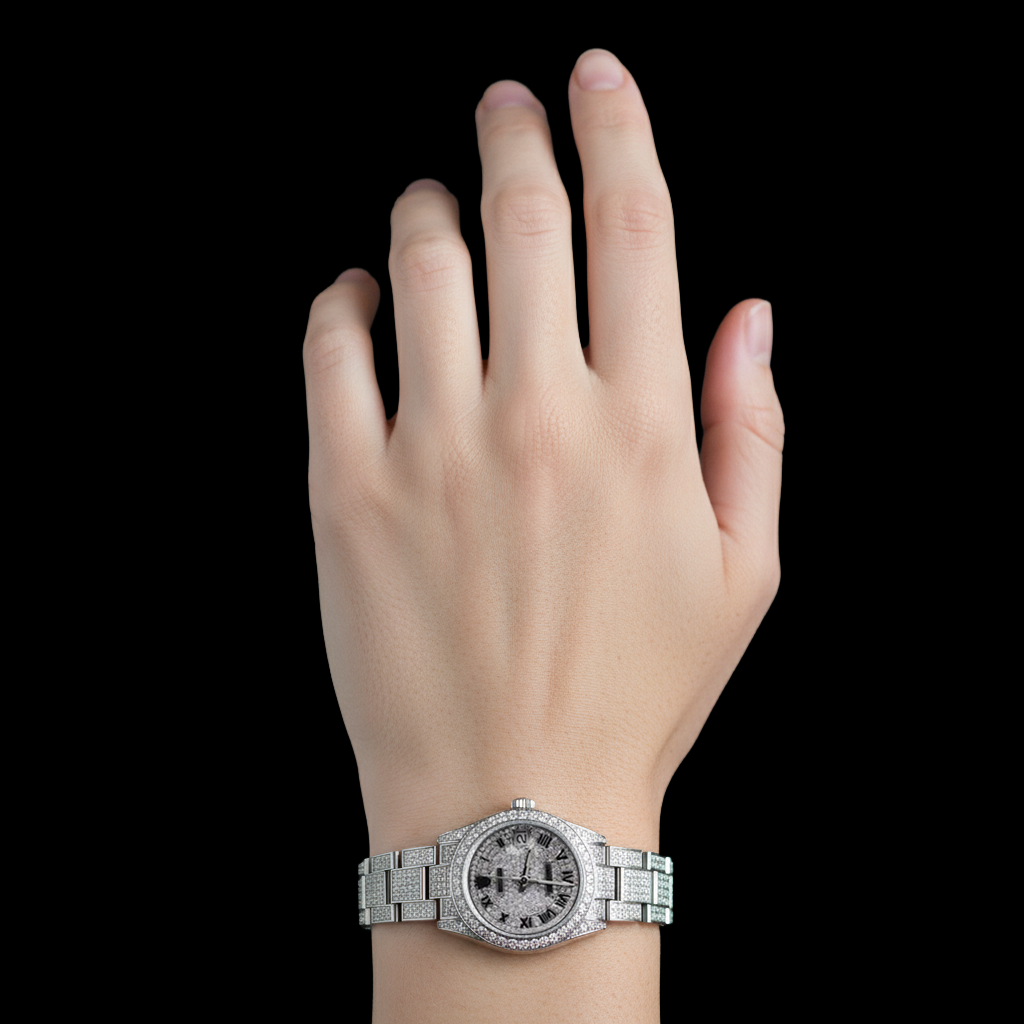 22 Ct. Custom Diamond Covered Rolex Ladies Watch Oyster Bracelet Ss P2