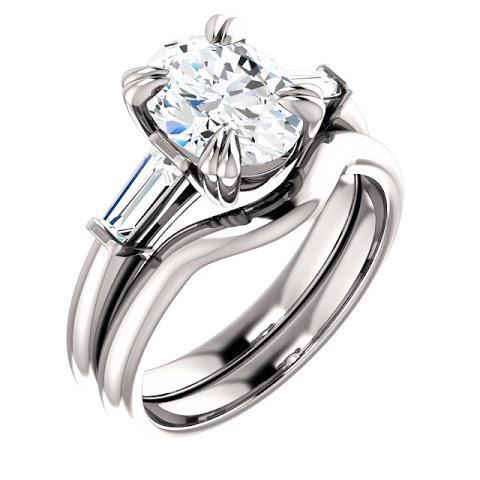 2 Carats Oval Center Natural Diamond 3 Stone Engagement Ring 14K White Gold