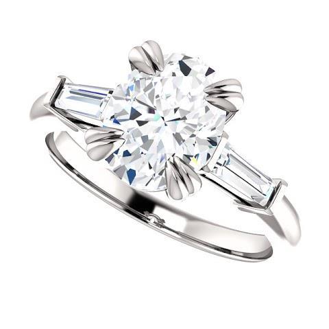 2 Carats Oval Center Natural Diamond 3 Stone Engagement Ring 14K White Gold