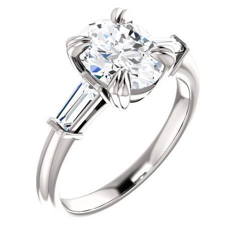 2 Carats Oval Center Natural Diamond 3 Stone Engagement Ring 14K White Gold