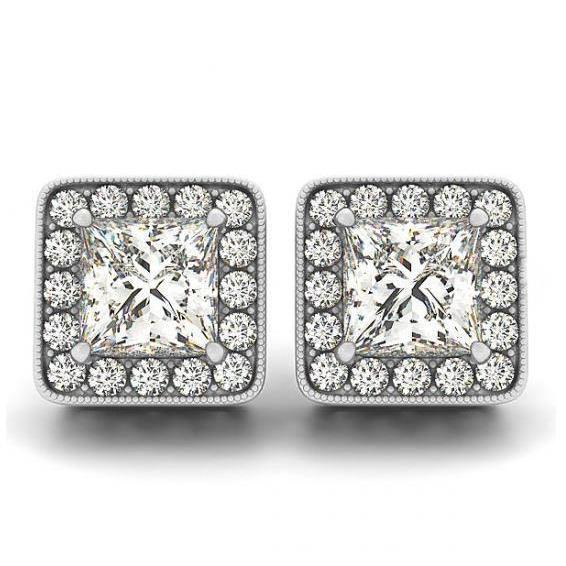 2 Carats Princess & Round Natural Diamonds Halo Studs Earrings White Gold 14K