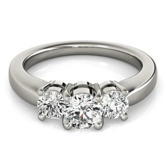 Three Stone Round Cut Real Diamond Ring White Gold 14K New