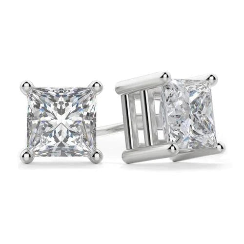 2 Ct. Princess Cut Natural Diamond Stud Earring 4 Prong Setting White Gold