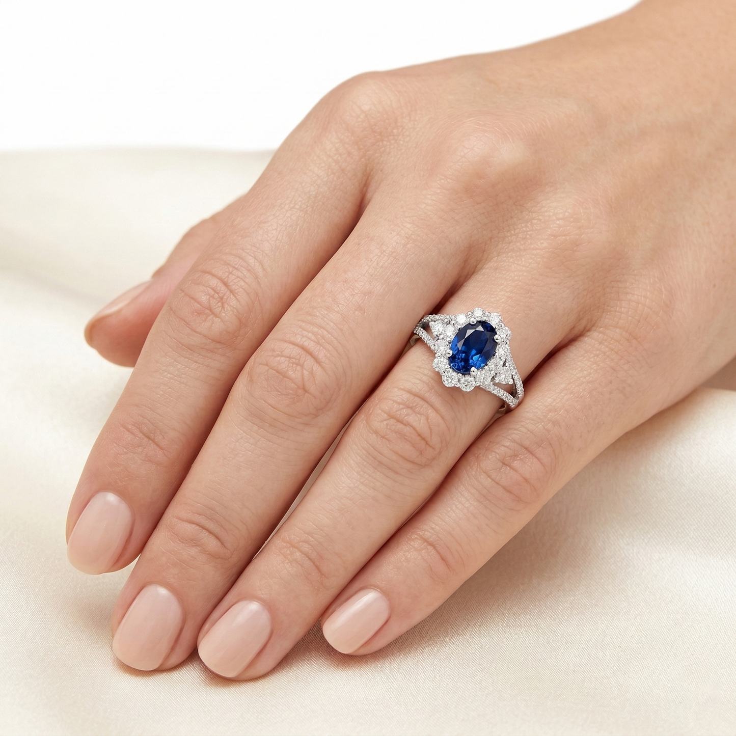 2 Ct Oval Ceylon Sapphire And Natural Earth Mined Diamond ( Not Lab Grown ) Wedding Ring White Gold 14K